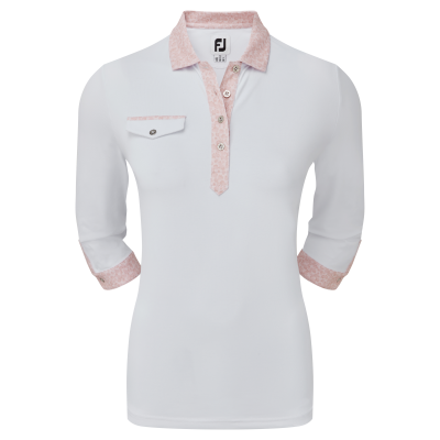 FootJoy Printed Trim dámské golfové triko s 3/4 rukávem, bílé/světle růžové