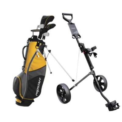 Wilson ProStaff JGI dětský golfový set, levý, žlutý (8-11 let) + Masters 1 dětský vozík